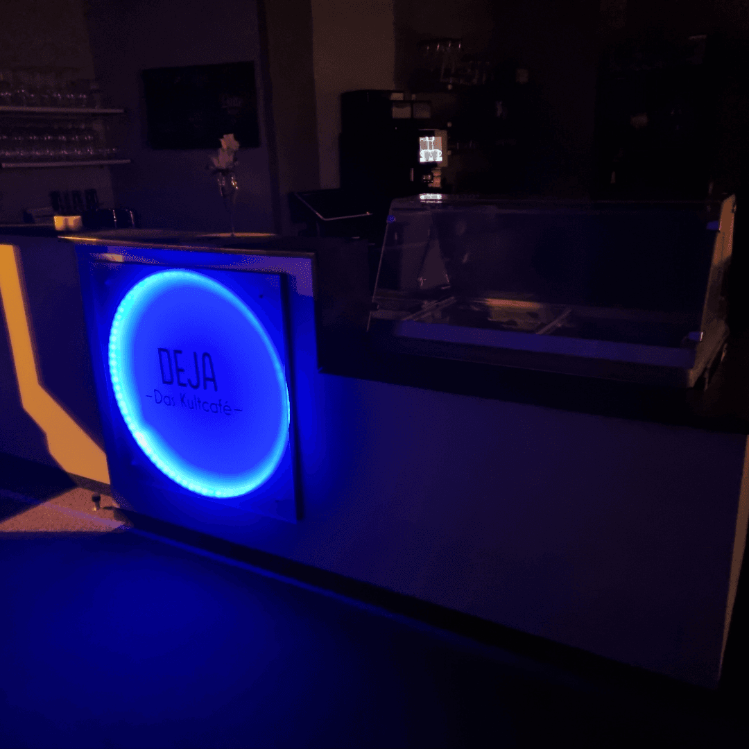 Beleuchtetes Aushängeschild blue