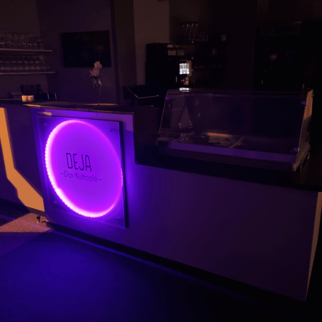Beleuchtetes Aushängeschild purple