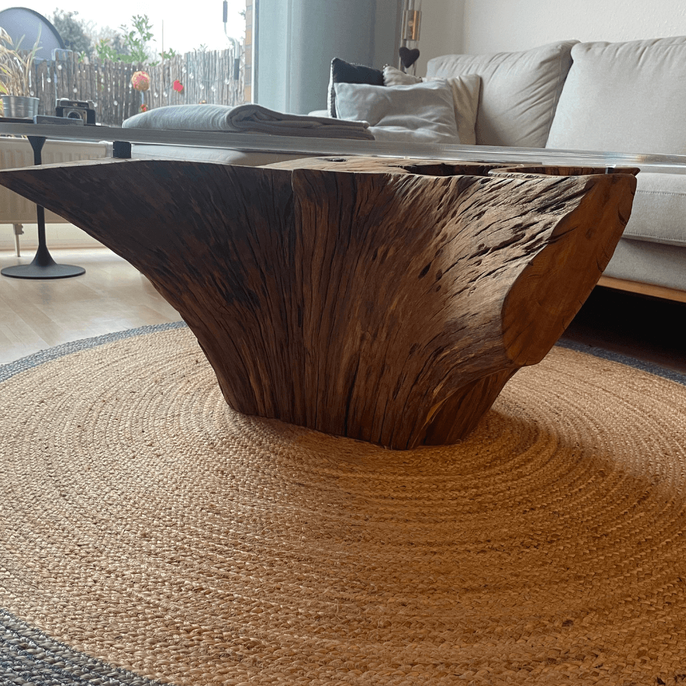 Wohnzimmertisch aus Wurzelholz mit Acrylglastischplatte