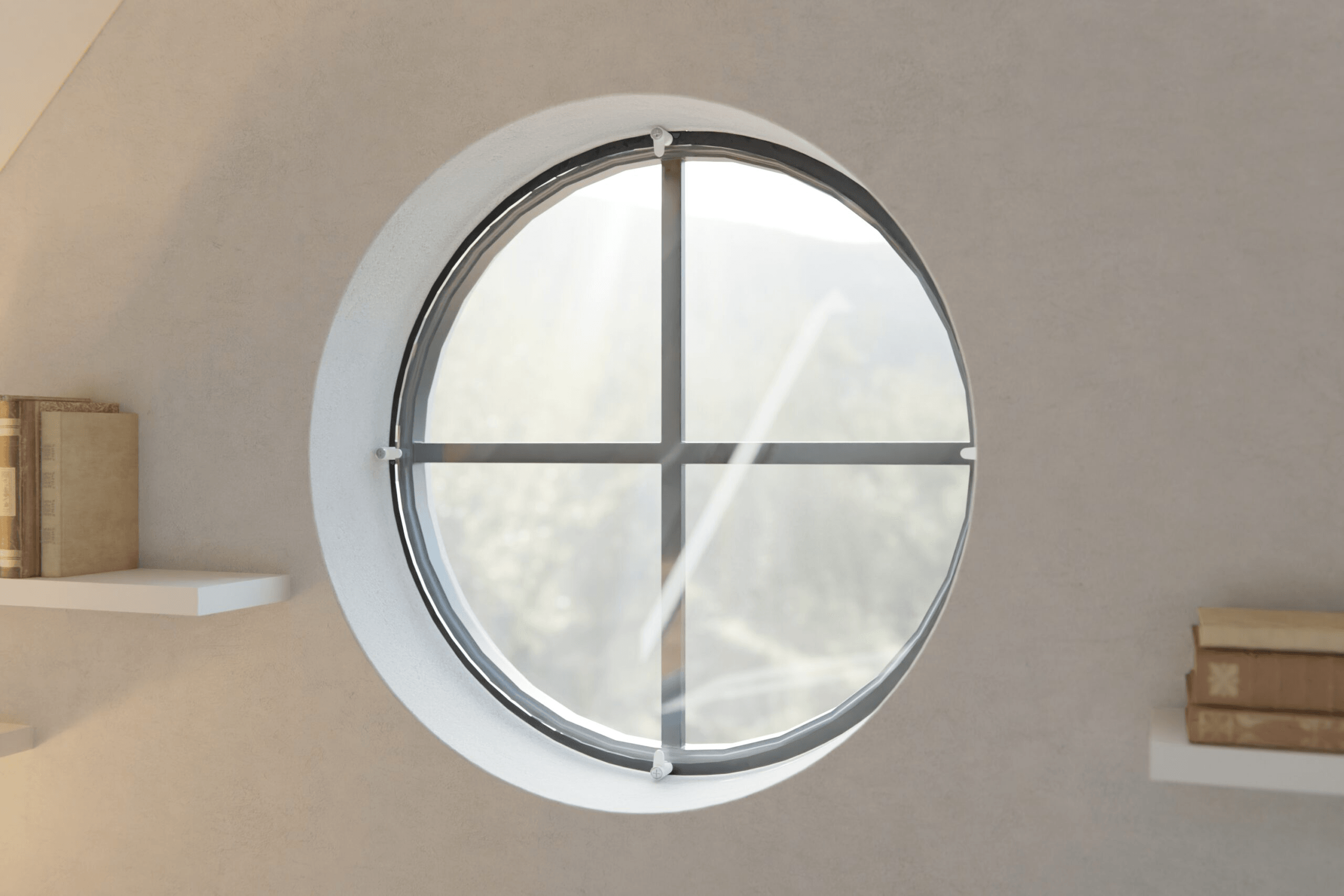 Rundes Fenster mit Befestigungsklammern