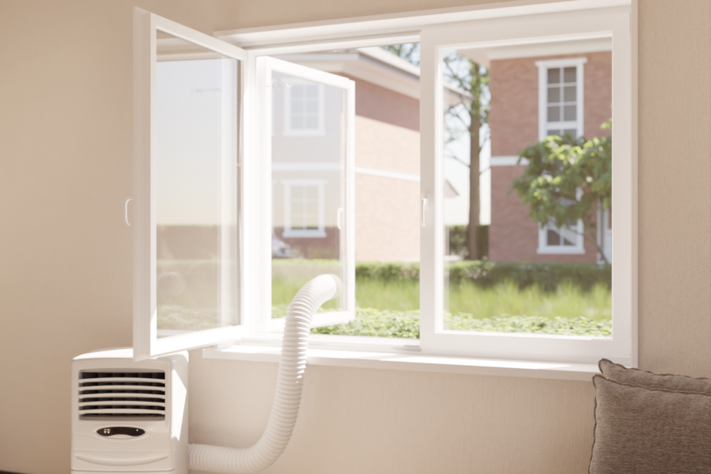 Fensterdichtungen für die mobile Klimaanlage an einem Doppelfenster